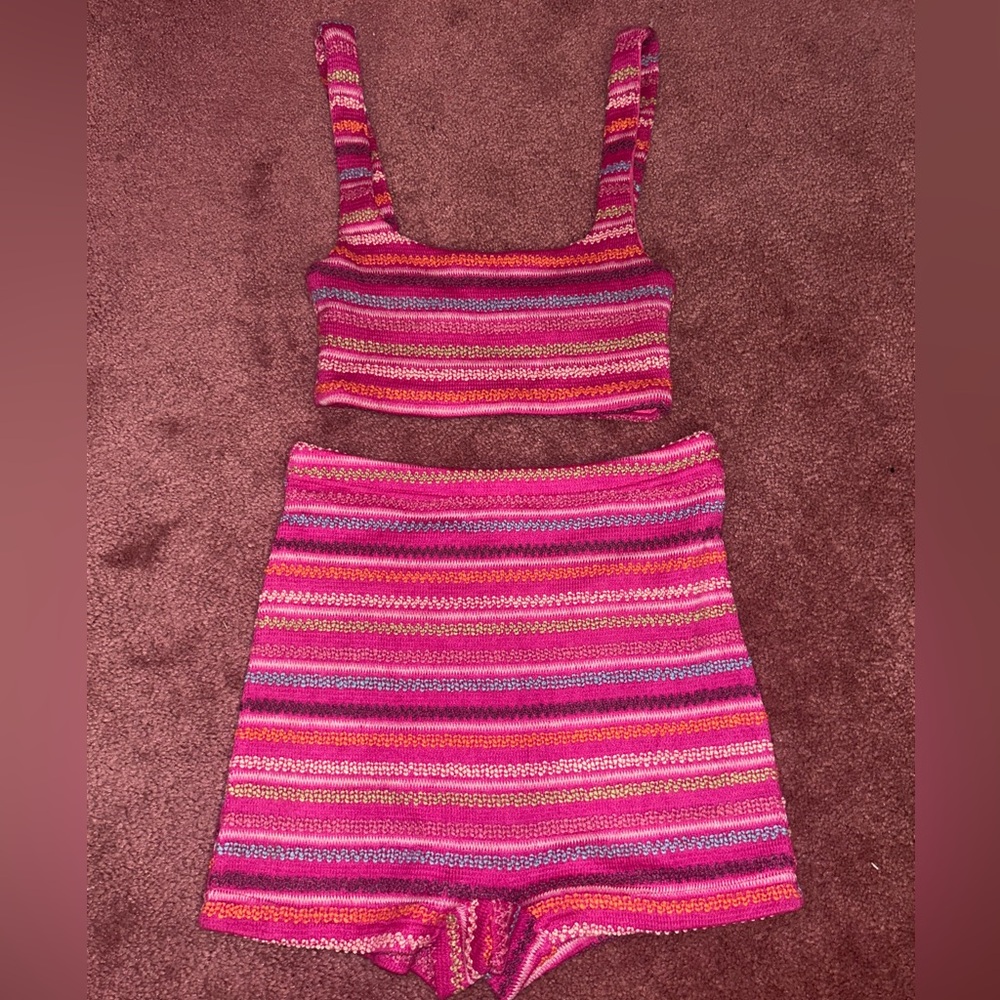 White Fox Boutique Pink and Purple Striped Shorts Set